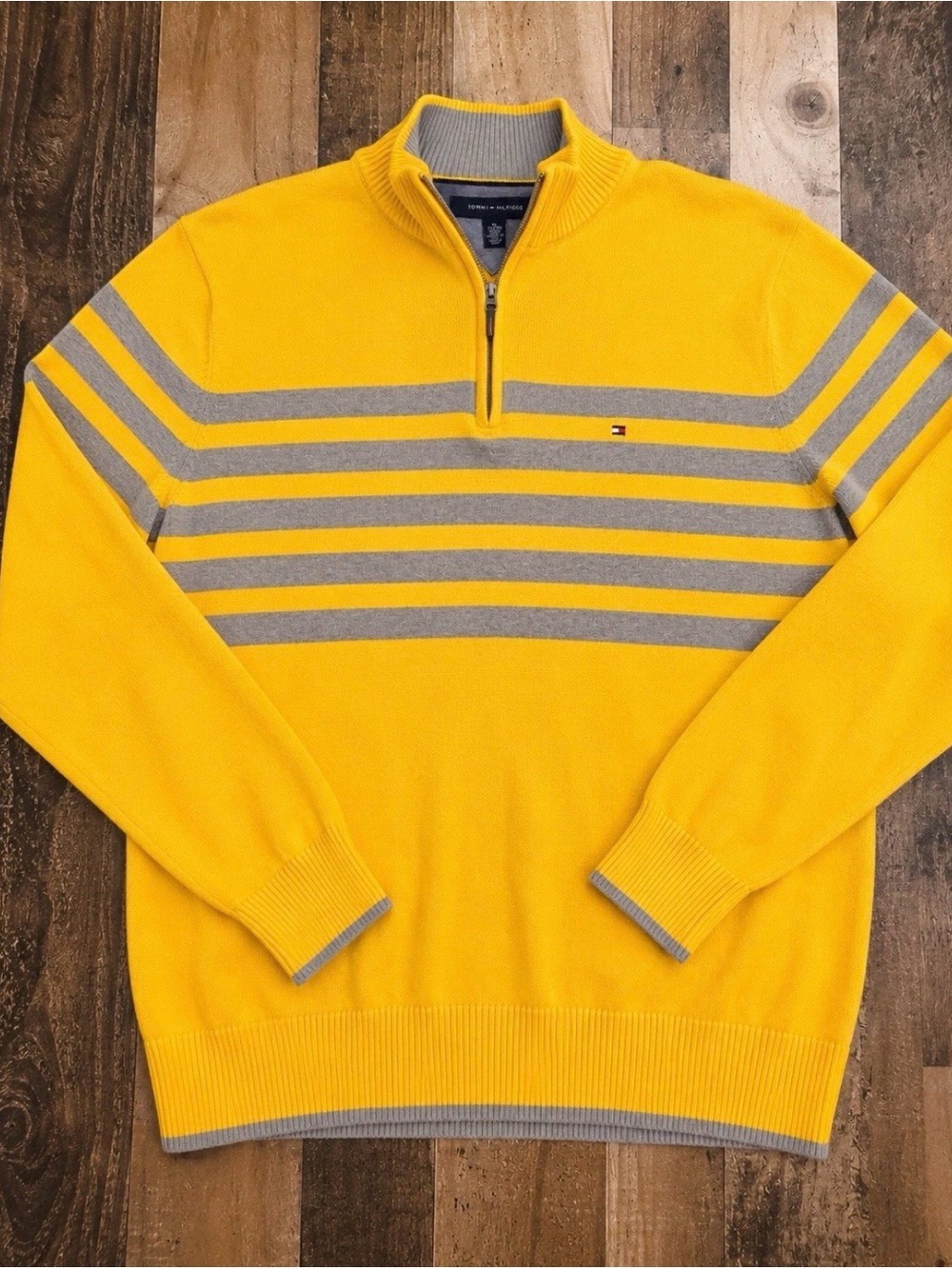 Tommy Hilfiger Yellow & Gray Striped Half-Zip Sweater